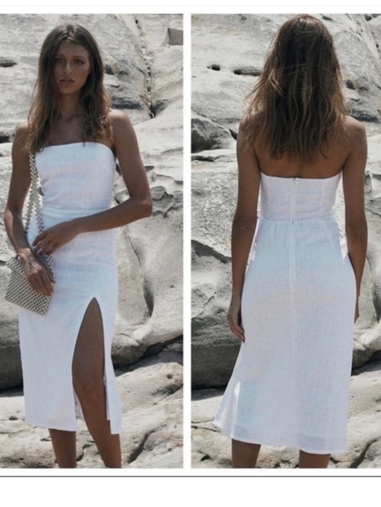 SNDYS. Dresses & Skirts - Serena Strapless White Midi Dress with Side Slit